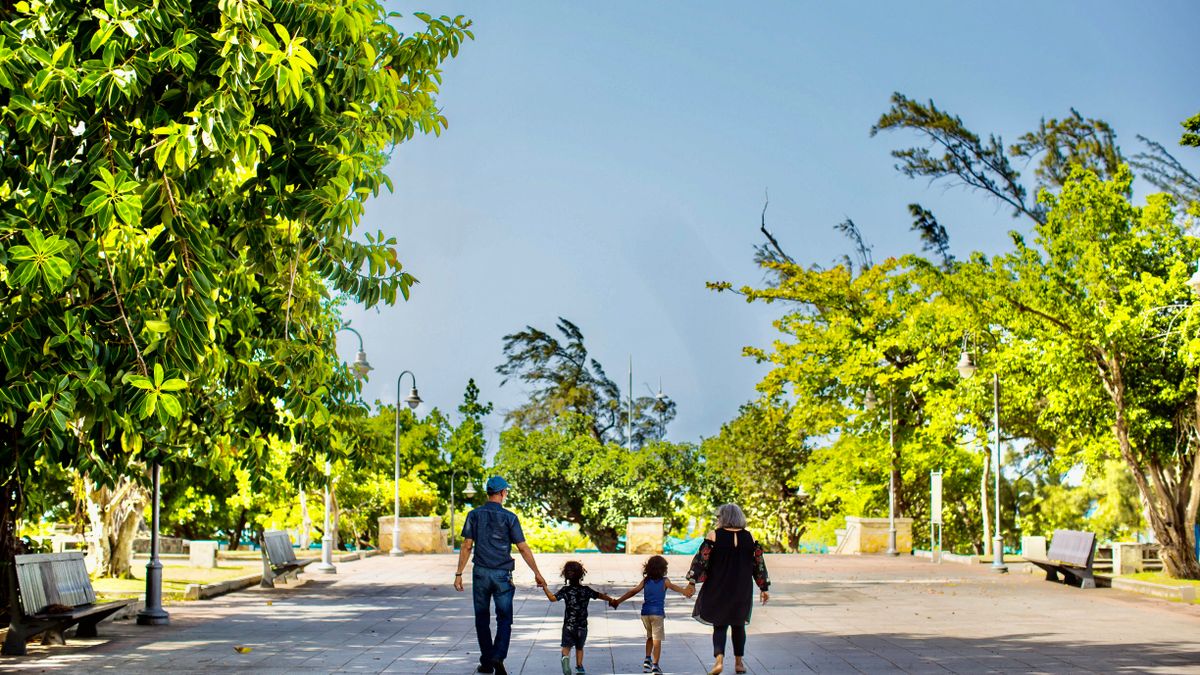 Family walking together outdoors without phones