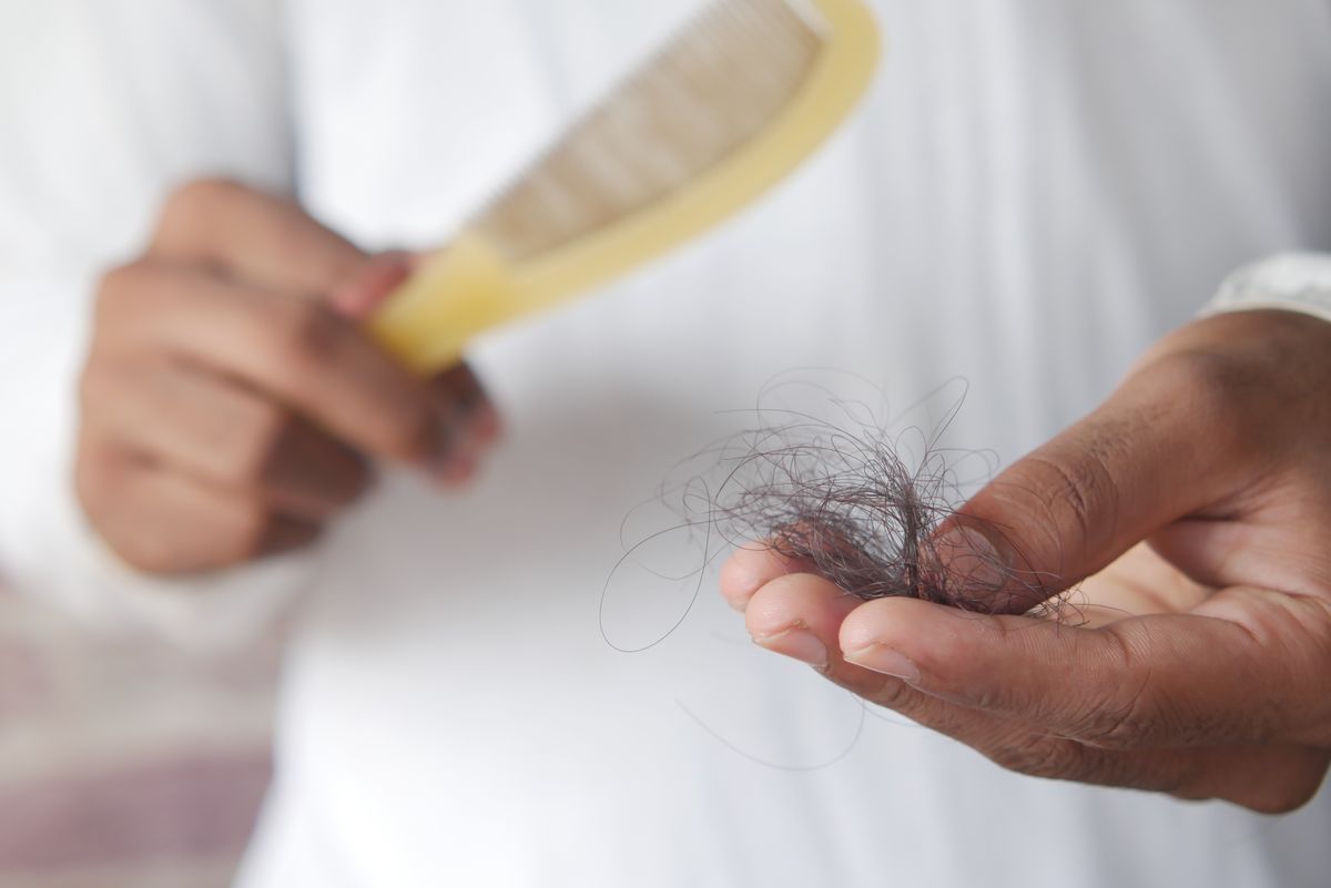 Close-up of a man holding a comb with shed hair strands