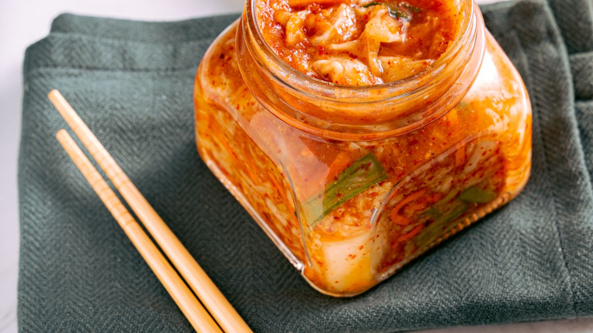 Jar of kimchi, a traditional fermented food with live cultures that support gut health