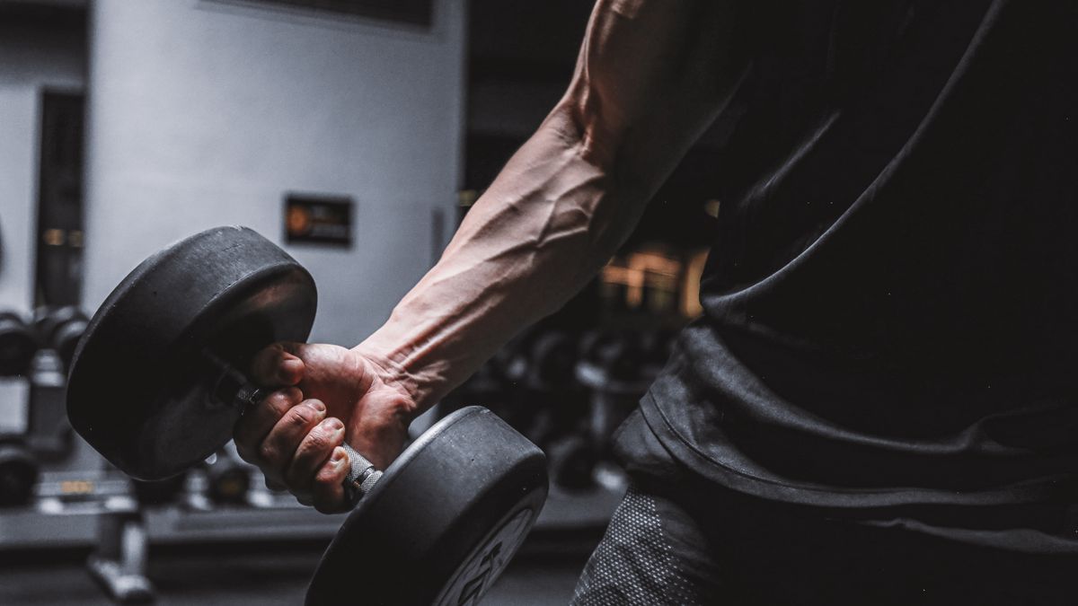 Close-up of a strong hand and forearm holding a dumbbell during grip training
